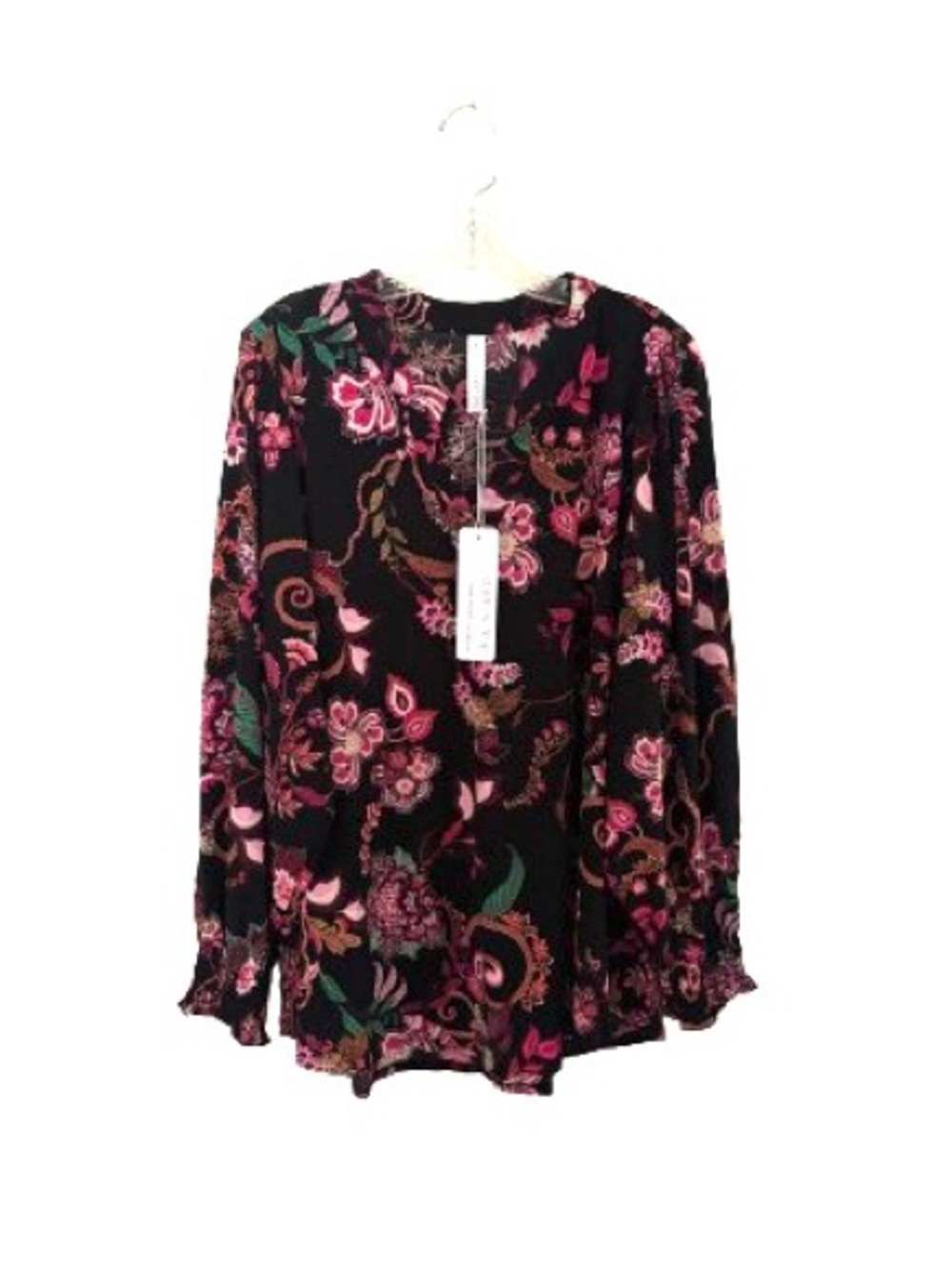 DEAR SCARLETT Lizzy Top with Smocked Sleeves, Long Sleeved Black Floral, XL NWT